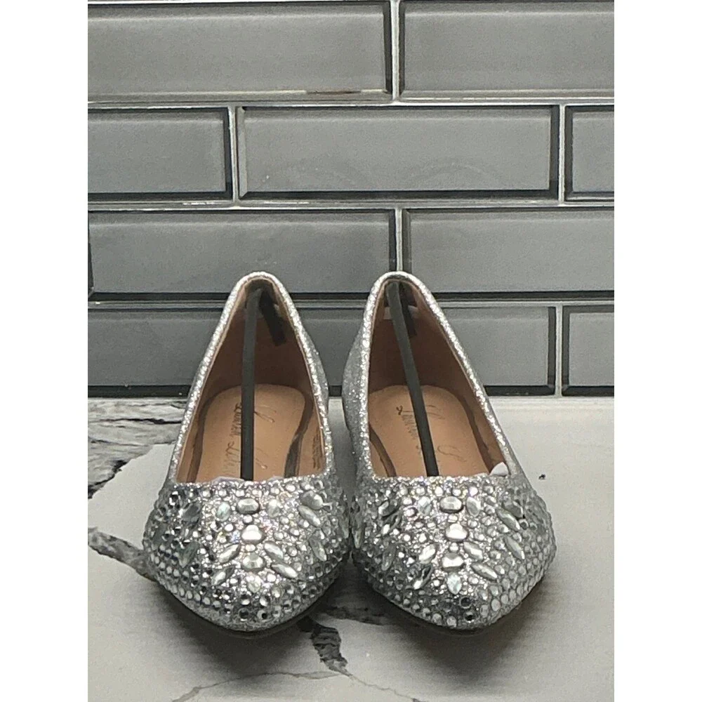 Lauren Lorraine Kelsey Silver Glitter Rhinestone‎ Pointed Toe Flats Shoes Size 6